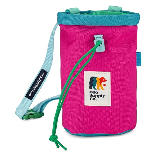 Oso Supply Co - Classic Chalk Bag for Rock Climbing, Bouldering Chalk Bag Bucket with Quick-Clip Belt, Zippered Pockets and Pouch - Perfect Indoor/Outdoor Rock Climbing Gear Equipment - color: Magenta & Teal