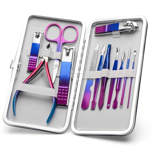CGBE 12Pcs Manicure Set Nail Clippers Pedicure Kit Men Women Grooming kit Manicure Professional Nail Care Tools Gift with Luxurious Travel Case - color: Colorful-12pcs