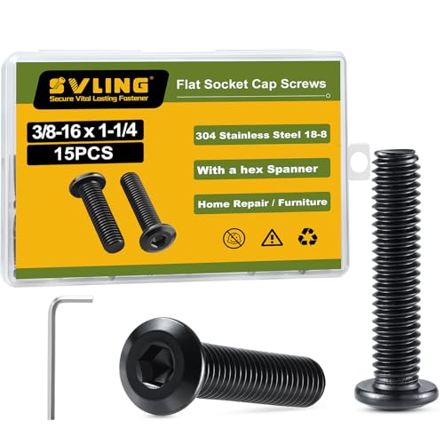 3/8-16 x 1-1/4" Bolt, 15PCS Flat Head Hex Socket Cap Screws Bolts, 304 Stainless Steel 18-8, Fully Threaded, Black Zinc Finish, with Hex Spanner - color: Black, size: 3/8-16 x 1-1/4