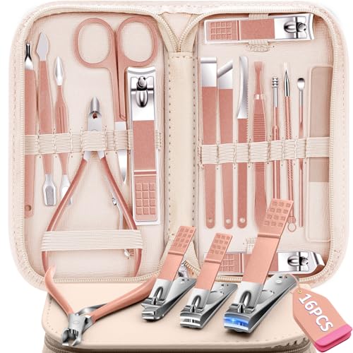 Manicure Set 16Pcs Professional Stainless Steel Pedicure Kit Mens Grooming Kit Fingernail & Toenail Clippers Set Manicure Kit with Luxurious Travel Bag, Sharp Nail Scissors and Clipper (Pink) - color: 16Pcs-Pink