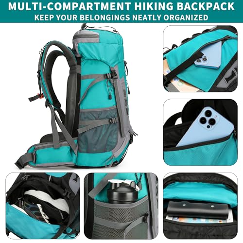 75L Hiking Backpack with Rain Cover Waterproof Camping Backpack Shoes Warehouse for Men Women, Frameless - color: Lakeblue, size: 60L