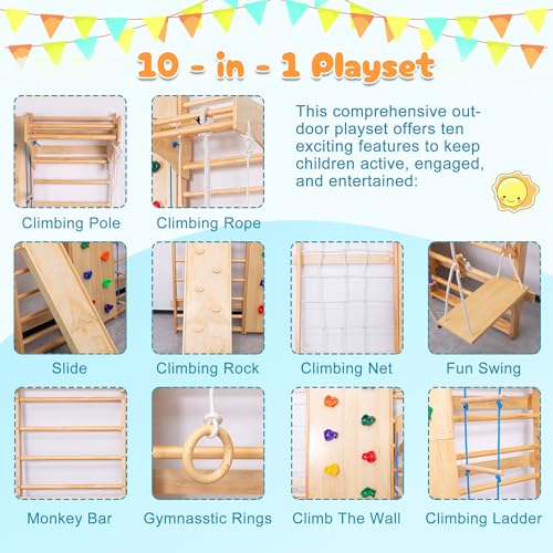 9-in-1 Indoor Climbing | All-in-One Wooden Home Playground with Rock Climbing Wall, Swings, Gymnastic Rings, Rope Ladder & More | Safe, Space-Saving Fitness & Fun for Family