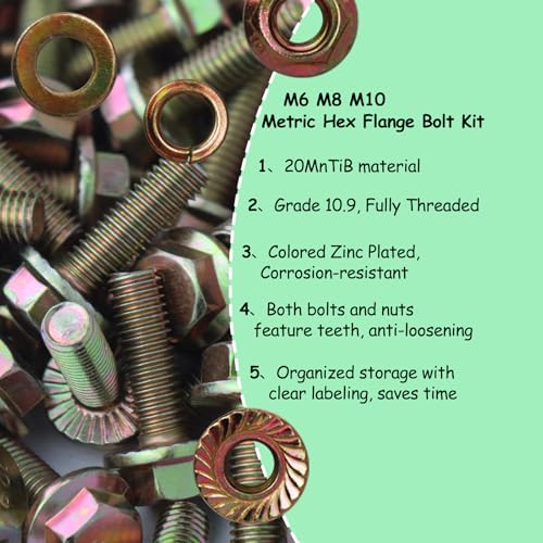 404Pcs Class 10.9 Metric Flange Bolts Kit - M6 M8 M10 (12-30mm) Serrated Hex Bolts with Nuts & Washers, Yellow Zinc, Storage Case for Light Equipment & DIY - size: 404PCS Metric Flange Bolt Kit M6~M10, Grade 10.9