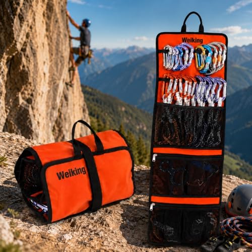 Climbing Quickdraw Hanging Storage Bag, Carabiner Hook Gear Equipment Parts Collections, Durable Foldable Bundled Roll Anti-scratch Bag, Small Tools Organizer Pouch, suit for Rock Climbing Ice Climb