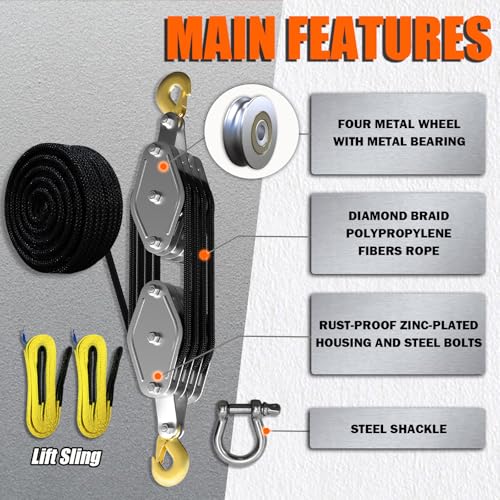 YATOINTO Upgraded Rope Hoist Pulley System, 4400LBS Block and Tackle with 304 Stainless Steel Shackle 2PCS Lift Sling, 8:1 Power 65ft Heavy Duty Pulley Block for Lifting Garage Warehouses Building - color: black, size: UPGRADED-4wheels+2lift sling&1shackl