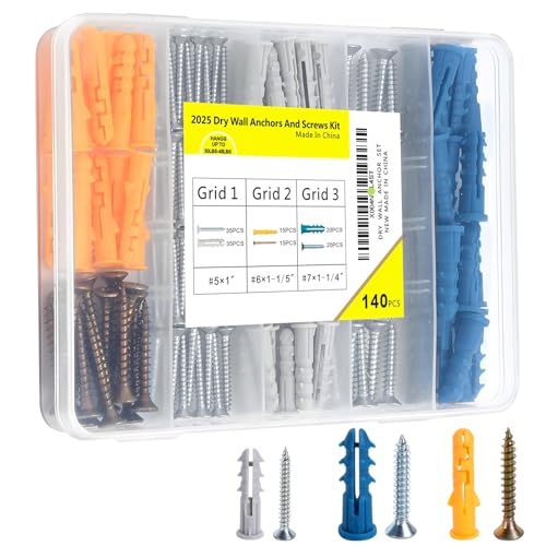 140PCS Drywall Anchors and Screws Kit, 3 Sizes Plastic Wall Anchors | Plastic wall anchors with Phillips screws, 140PCS 3-size kit for drywall, sheetrock and home installation projects. - style: 140 Pcs