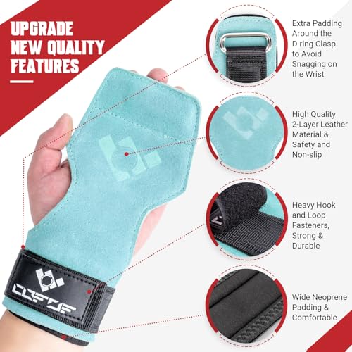 COFOF Weight Lifting Wrist Strap, Double Layer Leather Wrist Strap for Deadlift and Powerlifting, Adjustable Neoprene Padded Gym Workout Lifting Hooks (Pair) - color: Lake Blue