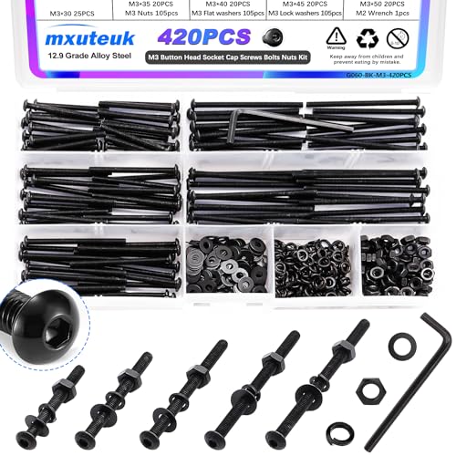mxuteuk 420PCS M3 Screws,M3x30/35/40/45/50mm Button Head Socket Cap Screws Bolts Nuts Kit,10.9 Grade Alloy Steel M3 Bolts with Hex Wrench - size: 420PCS M3 x 30/35/40/45/50mm, style: Hex Socket Button Head