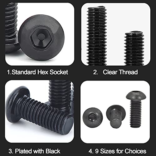 219 Pcs M6/M5/M4 Black Button Head Nuts and Bolts, Socket Cap Screws Nuts Assortment Kit, Allen Hexagon Round Mushroom Machine Screws Assortment Set - size: Black Round Head