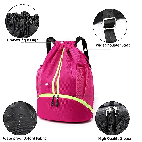 Valleycomfy Sports Drawstring Backpack - Water Resistant String Bag Rose | with Side Mesh Pockets Shoe Compartment Gym Backpack for Women & Men - color: A-rose