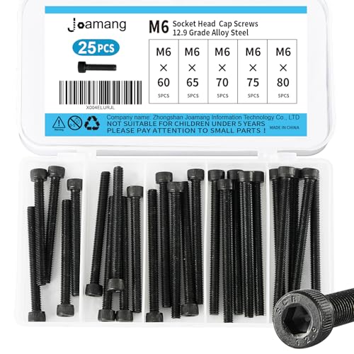 M6 x 60mm 65mm 70mm 75mm 80mm Hex Socket Head Cap Screws Bolts, 12.9 Grade Alloy Steel, Black Oxide Finish, Metric Allen Drive, Fully Threaded, Assortment Kit 25Pcs - size: Socket M6x60-80mm