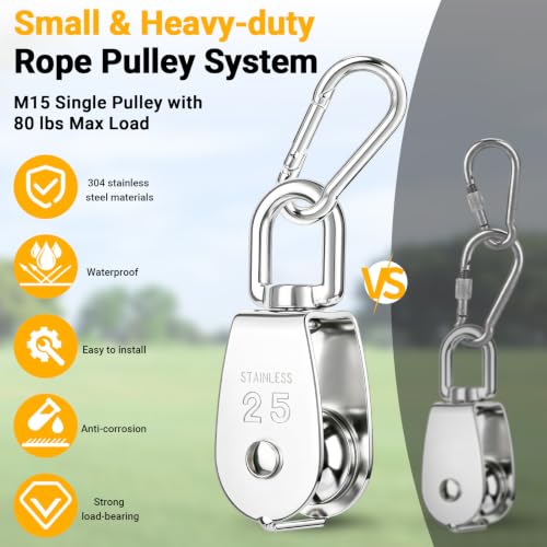 M25 Stainless Steel Pulley System Kit,Pulley Block with Nylon Rope | 2 Pack M25 Heavy Duty Pulleys Wheel with Rope Cleat, Eye Pad Plate and Hooks for Sun Shade Sail, Clothesline | 2 Pack M25 Heavy Duty Pulleys Wheel with Rope Cleat, Eye Pad Plate and Hook