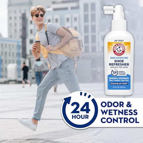 Arm & Hammer Shoe Refresher Spray, Odor Eliminator for Sneakers, 24 Odor & Wetness Control, Aerosol-Free Shoe Deodorizer Spray, Ocean Blast Scent, 3.4 oz - size: 3.4 Ounce (Pack of 1)