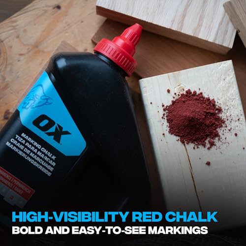 OX Red Chalk Line Powder 2.5lb - Permanent Marking Chalk Refill | Weather-resistant chalk reel refill, quick-fill nozzle, works on wood, concrete, stone, metal, plasterboard - color: Red