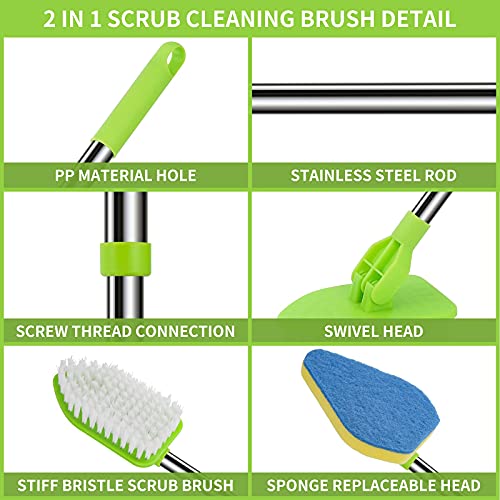 Extendable Scrub Cleaning Brush with Long Handle 35'' - Floor Scrubber | 1 Stiff Bristles & 3 Sponge Brush, Adjustable Lightweigh Kitchen Brush for Baseboard Shower Bathroom Bathtub Tile