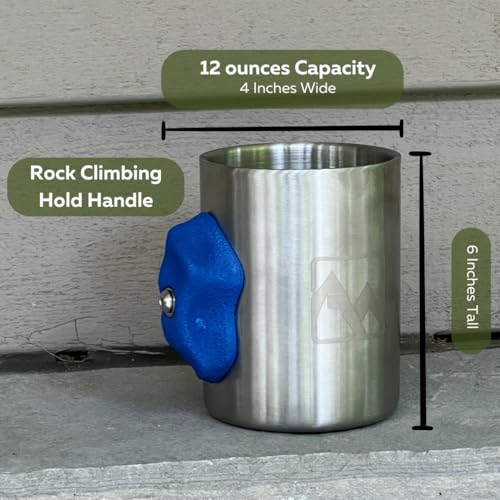 Rock Climbing Mug with Real Crimp Handle - 12oz Stainless Steel Pinch Hold Mug Climber Gift (Blue) - color: Blue