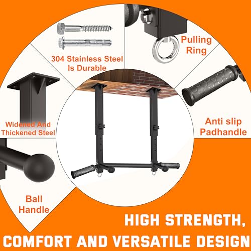 Ceiling Mount Pull Up Bar - 800 LBS Heavy Duty Adjustable Height Chin Up Bar with Ball Grips & TRX Anchors, Multi-Grip Overhead Workout Station for Garage, Basement & Home Gym