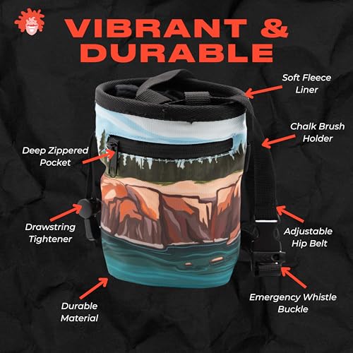 Rock Climbing Chalk Bag | for Outdoor, Gym, & Bouldering | Adjustable Waist Belt, Durable Drawstring Closure, & Zippered Pocket - style: Acadia
