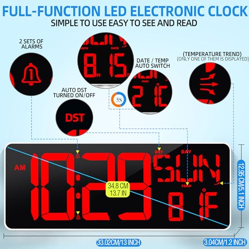 13.7”Digital Timer Large LED Screen displays（5'' Number）,The Date time, Remote Control, Turn on/Off 10 Seconds Countdown Voice Notification, for Chefs,Students, Children, Seniors - color: 13.7'' Red+remote