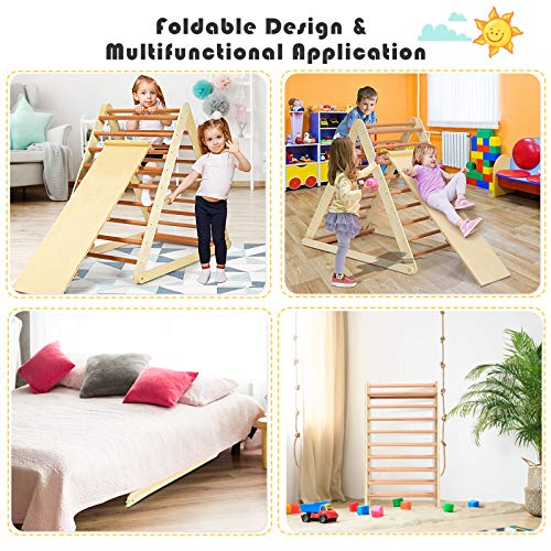 GLACER Wooden Climbing Triangle Ladder with Ramp, 2 in 1 Foldable Toddler Triangle Climber for Sliding & Climbing, Develop Strength, Balance and Motor Skills (Natural)