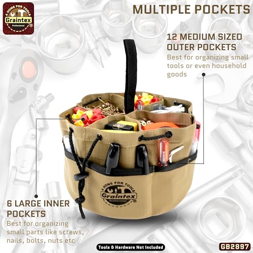 Graintex 18 Pockets Grab Bag Rip-stop Canvas Drawstring Closure, Small Part Organizer Pouch, Small Tools, Screws, Parts, Parachute Tool Bag for Efficient Storage - Khaki - color: Khaki