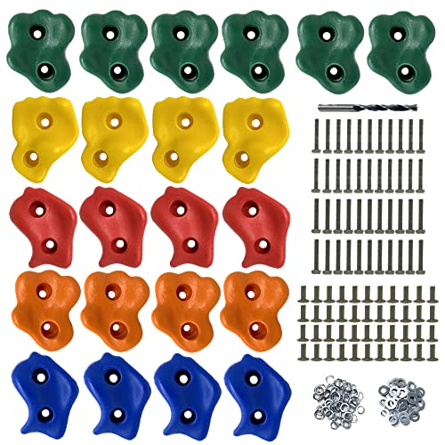 22 Assorted Deluxe Rock Climbing Holds for Kids - Outdoor Climbing Stones Kit with 44 Swing Safe Fasteners + Drill Bit Easy to Install on Lumber from 3/4" to 1.25" Thick - style: 22 Rocks