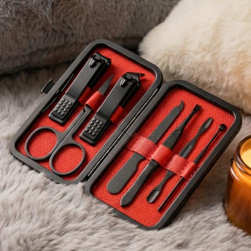 Manicure Kit for Women Men-Manicure Set with Case, Nail Clippers, Portable Nail Care Kit for Travel Home Personal Grooming（Red 7 in 1） - color: Red