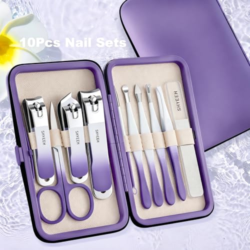 Manicure Set, 10 pcs High-Carbon Steel Nail Clippers Set, Portable Mini Manicure and Pedicure Kit, Travel Grooming Nail Kit with Leather Bag for Men and Women - color: DeepPurple
