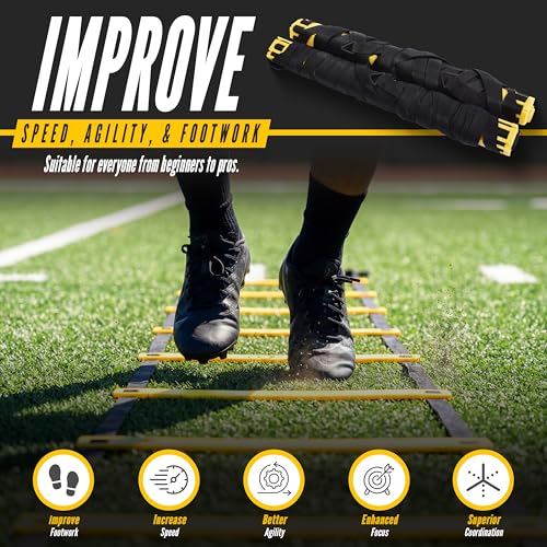 Agility Ladder, 2 Pack - Exercise and Training Ladder Set with Ground Stakes for Football, Soccer, Tennis, and More - Improves Speed & Fitness - Complete with Carrying Bag