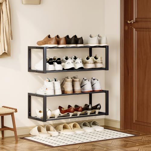 Homeiju Hanging Shoe Organizer,2 Pack Wall Mounted Shoe Rack Holds 12 Pairs,Space Saving Metal Wall Shoe Rack,Hanging Shoe Rack Shoe Holder for Small Space,Entryway,Closet,RV,Camper（Black - color: Black