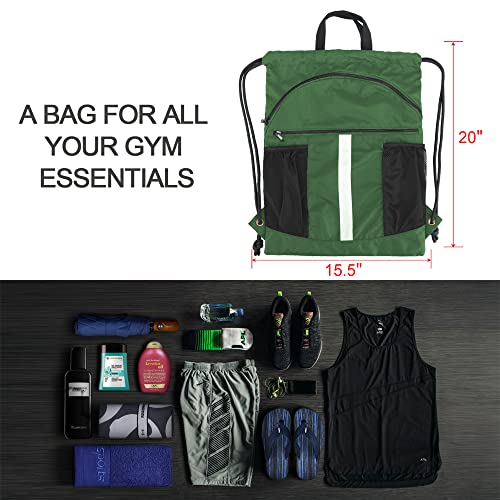 BeeGreen Drawstring Backpack Bag with Shoe Compartment, X-Large Black Gym Sports String Cinch Backpack - color: Dark Green