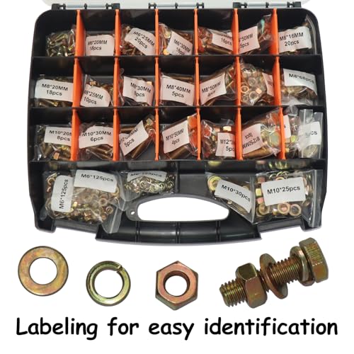 918Pcs Metric Bolt Assortment Kit - Grade 8.8 M6 M8 M10 M12 (16-50mm) Hex Bolts with Nuts & Washers, Yellow Zinc Plated, Storage Case for Heavy Equipment & Machinery Repair - size: 918PCS Metic Hex Bolt Kit M6~M12, Grade 8.8