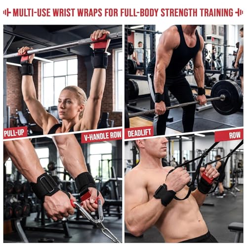 Weight Lifting Hooks & Wrist Straps Set Adjustable Wrist Wraps 2 in 1 Lifting Hooks with Anti-Slip Grip for Weightlifting, Deadlifts, Powerlifting, Gym Straps for Men and Women - color: Red