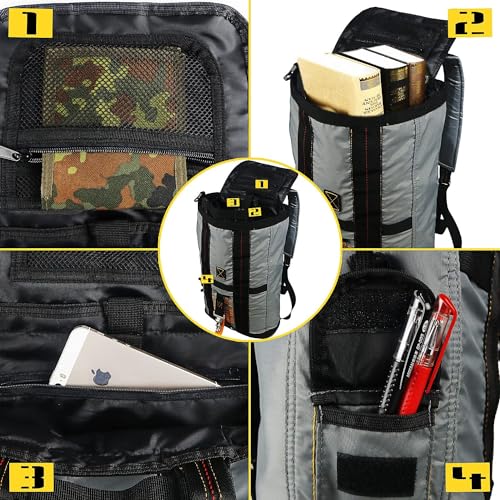 Military Tactical Backpack with Parachute Buckles, Nylon Daypack | Built for men and women for travel, outdoor hiking, camping, trekking, climbing, college, and daily carry - color: Grey