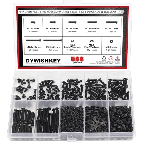 DYWISHKEY 566 Pieces M2.5 Black Screws, 10.9 Grade Alloy Steel M2.5X 4/6 /8/10 /12/16 /20mm Button Head Socket Cap Screws Bolts Nuts Washers Assortment Kit - size: M2.5, style: Button Head Socket Cap