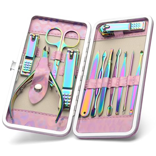 CGBE Nail Clippers Set, Manicure Set Pedicure 12 Pieces Stainless Steel Manicure Kit Professional Grooming Care Tools with Luxurious Travel Case - color: Pink-colorful