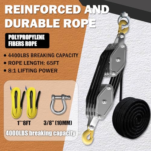 YATOINTO Upgraded Rope Hoist Pulley System, 4400LBS Block and Tackle with 304 Stainless Steel Shackle 2PCS Lift Sling, 8:1 Power 65ft Heavy Duty Pulley Block for Lifting Garage Warehouses Building - color: black, size: UPGRADED-4wheels+2lift sling&1shackl