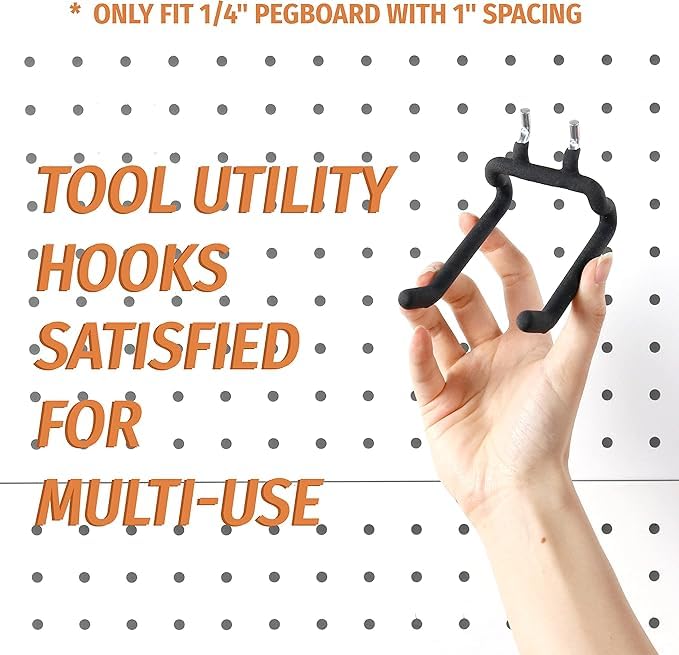 HUHOLE 8 Pack Pegboard Drill Holder Utility Hooks for 1/4 Inch Pegboard | Tool Holders with 20 lb Capacity for Power Tools, Hammers, Cords, Hoses, Shovels, Brooms and Garage Storage