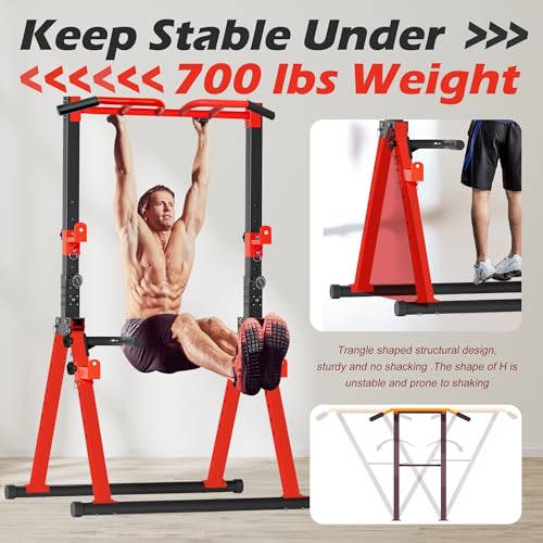Foldable Power Tower Pull Up Bar Station, Adjustable Height | 700lbs Loading,Free Standing Pull Up Power Tower Station,Portable and Space Saving,fits Woman and Man, Mulit-grips, - color: Red