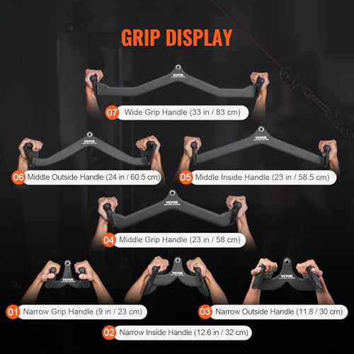 VEVOR LAT Pulldown Attachments, Cable Machine Rowing T-bar V-bar Tricep Pull Down Bar, Back Strength Training Rubber Coated Handle Grip, Bicep Curl Tricep LAT Pulldown Bar for Home Gym Fitness - size: 7PCS