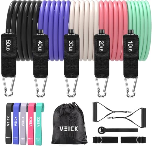 VEICK 10-150LBS Resistance Bands with Handles, Ankle Straps, Door Anchor | Accredited Lab Certified, 100% Natural Latex, Versatile for Yoga, Pilates, Strength, Home Gym - color: Macaron 2, style: 10-150LBS + 5 Loop Bands