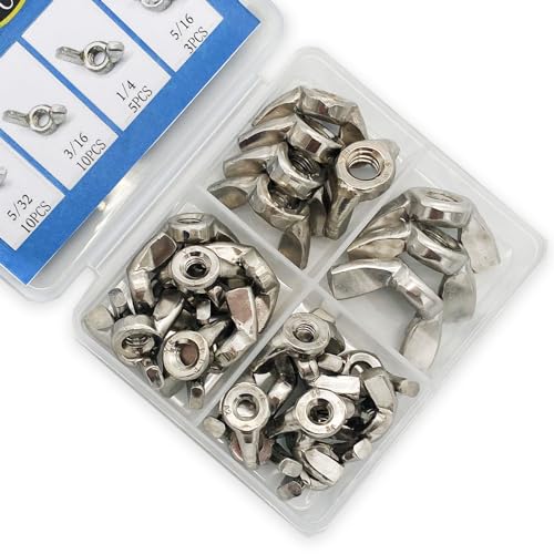 28 Pcs 4 Sizes 5/16",1/4",3/16"(10#), 5/32"(#8) Wingnuts, 304 Stainless Steel Wing Nuts Fasteners Parts Butterfly Nut, Hand Twist Tighten Hardware Nuts Butterfly Wing-Nut Assorted Kit - size: 304 Stainless Steel-4 Sizes-28Pcs