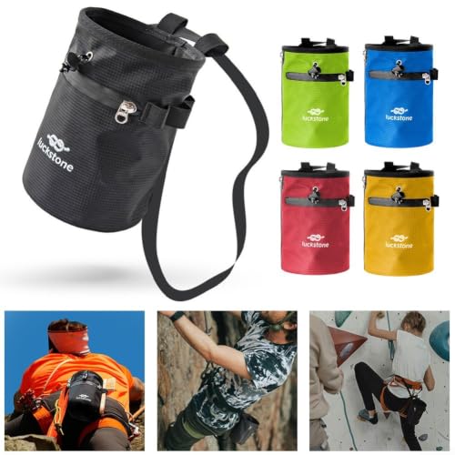 Climbing Chalk Bag with Anti-Leak Drawstring, 420D Oxford Magnesium Powder Bag for Rock Climbing and Weightlifting, Gym Chalk Bucket with Phone Pocket and Adjustable Belt, Blue(Red) - size: Red