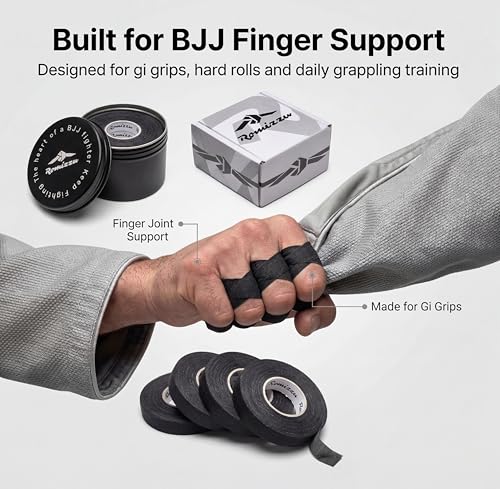 BJJ Finger Tape with Metal Storage Tin - 6 Rolls (26ft) Grappling Tape, MMA | Breathable cotton, residue-free tape offers strong finger support. Great for wrestling, rock climbing, Jiu Jitsu. 0.3in wide - color: Black