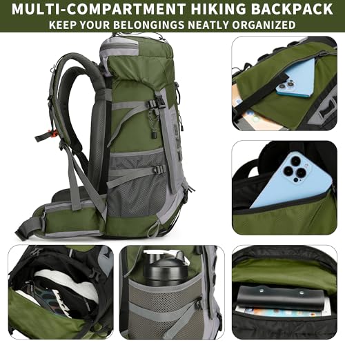 75L Hiking Backpack with Rain Cover Waterproof Camping Backpack Shoes Warehouse for Men Women, Frameless - color: Armygreen, size: 60L
