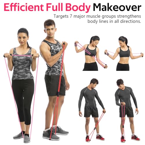 RENRANRING Figure 8 Fitness Resistance Bands with Handles - Exercise Tube Band Set of 3 for Arm and Shoulder Stretch, Rope 8 Word Elastic for Women and Men - color: Pink & Red