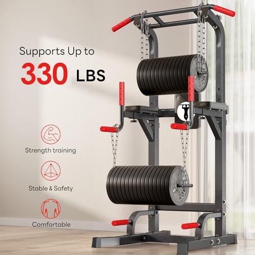 SogesPower Multi-Function Power Tower Pull Up Bar Station for Home Gym | 10-Level Adjustable Height Pull Up Bar Stand Dip Station Strength Training Workout Equipment - color: Black