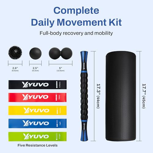 6-in-1 Foam Roller Set with Resistance Bands & Lacrosse Ball | Extra-long 18" foam roller and 17" massage stick provide greater coverage for faster, more effective full-body muscle relief.