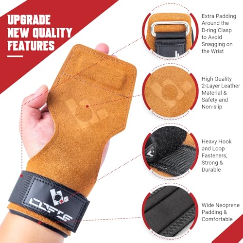 COFOF Weight Lifting Wrist Strap, Double Layer Leather Wrist Strap for Deadlift and Powerlifting, Adjustable Neoprene Padded Gym Workout Lifting Hooks (Pair) - color: Brown