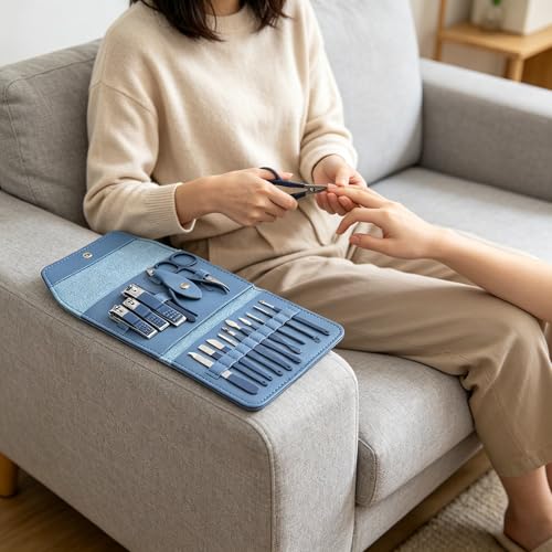 Luxury 16-in-1 Professional Manicure Set - Premium Stainless Steel Nail Clippers & Grooming Kit with Elegant Leather Travel Case - Blue - color: Blue, size: 16PCS